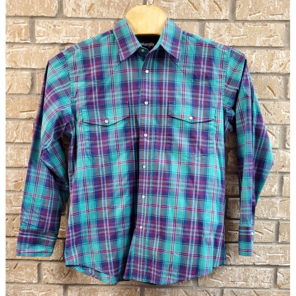 Wrangler Teal and Purple Plaid Casual Button Down Shirt